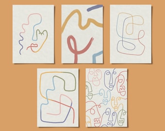 Lot de 5 cartes postales colorées de dessin au trait abstrait | Pastel arc-en-ciel | Disponible à l'unité | A6