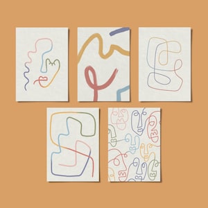 Colourful Abstract Line Art Faces Postcard Set of 5 | Rainbow Pastel | Available Individually | A6
