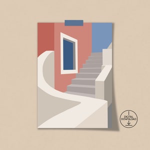 Impresión digital de escaleras minimalistas en Santorini, Grecia