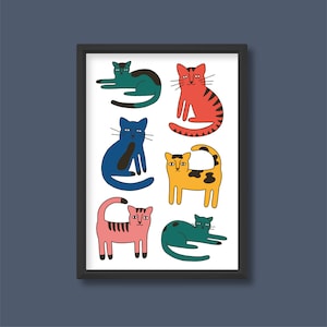 Cartel de ilustración de gatos coloridos / Patrón de dibujos animados lindo moderno retro / A5 A4 A3 A2 A1 A0 / Sin marco