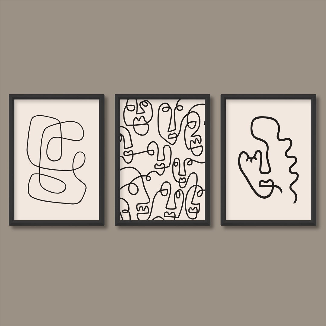 Abstract Neutral Tone Single Line Art Face Print Set of 3 ...