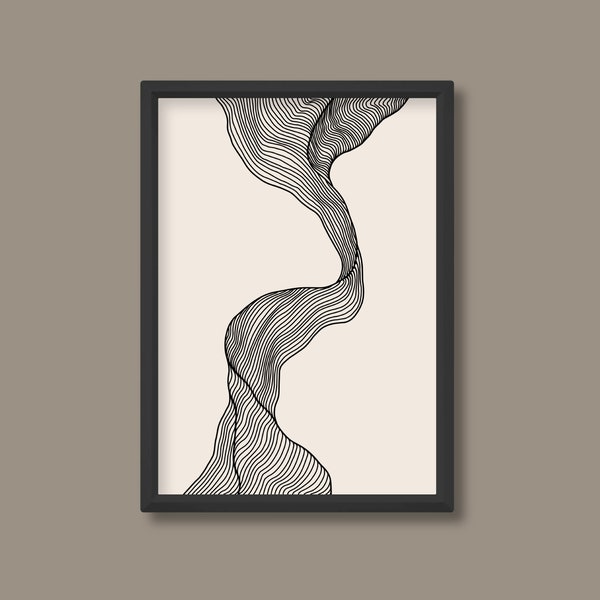 Abstrakt vågmolnröklinjetryck | Boho 50-talsstil (svart och neutral) | A5 A4 A3 A2 A1 A0 | Utan ram