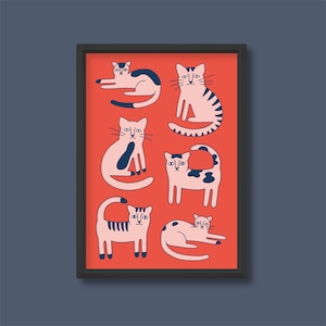 Cartel de ilustración de gatos coloridos / Patrón de dibujos animados lindo moderno retro / A5 A4 A3 A2 A1 A0 / Sin marco