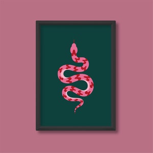 Stampa di illustrazione minimalista di serpente / Rosa e verde / Boho contemporaneo di metà secolo moderno / A5 A4 A3 A2 A1 A0 / Senza cornice