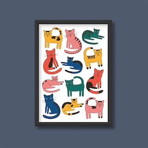 Cartel de ilustración de gatos coloridos / Patrón de dibujos animados lindo moderno retro / A5 A4 A3 A2 A1 A0 / Sin marco