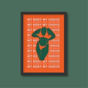 Mi cuerpo mi elección Cita Impresión / Empoderamiento de las mujeres feministas / Diseño gráfico colorido brillante Cartel retro / A5 A4 A3 A2 A1 A0 / Sin enmarcar