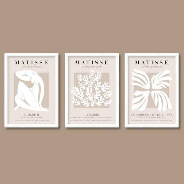 Henri Matisse Inspired Exhibition Posters Set of 3 | White Neutrals | A5 A4 A3 A2 A1