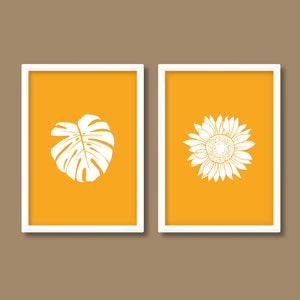 Juego de 2 impresiones en linograbado con diseño de hojas de girasol y queso, estilo bohemio de mediados de siglo (amarillo mostaza), tamaño A5, A4, A3, A2, A1, A0, sin marco