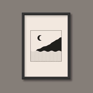 Landschaft Berg Linie Kunstdruck | Schwarz Weiß Neutral | Mid Century | A0-A1-A2-A3-A4-A5 | Ungerahmt