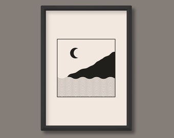 Landscape Mountain Line Art Print | Black White Neutral | Boho Mid Century | A0 A1 A2 A3 A4 A5 | Unframed