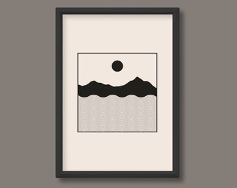 Landscape Mountain Line Art Print | Black White Neutral | Boho Mid Century | A0 A1 A2 A3 A4 A5 | Unframed