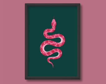 Minimalist Floral Snake Illustration Print | Pink and Green | Contemporary Boho Mid Century Modern | A5 A4 A3 A2 A1 A0