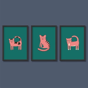 Conjunto de carteles de ilustración de gatos rosados de 3 / Patrón de dibujos animados lindo moderno retro / A5 A4 A3 A2 A1 / Sin marco