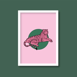 Colourful Tiger Illustration Poster | Bold Minimal Modern | Pink & Green | A5 A4 A3 A2 | Unframed