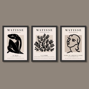 Henri Matisse Inspired Exhibition Posters Set of 3 | Black Neutrals | Nu Bleu, La Gerbe, Nadia au Cheveux | A5 A4 A3 A2 A1