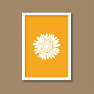 Impresión estilo linograbado de girasoles / Boho de mediados de siglo (amarillo mostaza) / A5 A4 A3 A2 A1 A0 / Sin marco