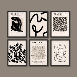 Henri Matisse and Pablo Picasso Inspired Exhibition Posters Set of 6 | Black Monochrome Neutrals | A5 A4 A3 A2 A1