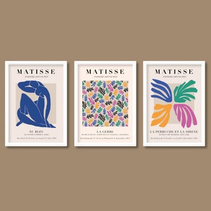 Ensemble de 3 affiches d'exposition inspirées d'Henri Matisse | Lumineux et coloré | Nu Bleu, La Gerbe, La Sirène | A5 A4 A3 A2 A1 | Sans cadre