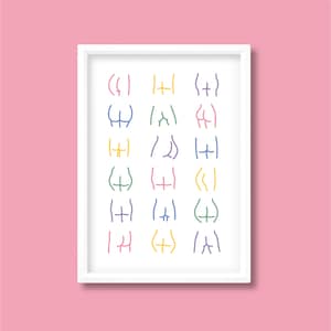 Bums Linie Zeichnung Druck | Regenbogen Pastellfarben | A5-A4-A3-A2-A1-A0 | Ungerahmt