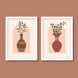 Juego de 2 impresiones de pósteres con plantas en jarrones de terracota, estilo bohemio escandinavo contemporáneo de mediados de siglo, tamaño A5, A4, A3, A2, A1, A0, sin marco
