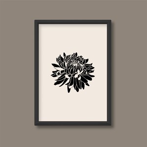 Impresión en linograbado de flores de crisantemo, estilo bohemio de mediados de siglo (negro y neutro), tamaño A5, A4, A3, A2, A1, A0, sin marco