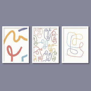 Abstract Bright Single Line Art Print Set of 3 | Pastel Scandinavian Contemporary Boho Mid Century | A5 A4 A3 A2 A1