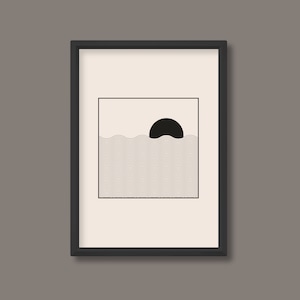Sonnenuntergang Ozean Linie Kunstdruck | Schwarz Weiß Neutral | Mid Century | A0-A1-A2-A3-A4-A5 | Ungerahmt