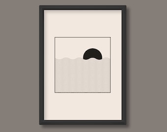 Sunset Ocean Line Art Print | Black White Neutral | Boho Mid Century | A0 A1 A2 A3 A4 A5 | Unframed