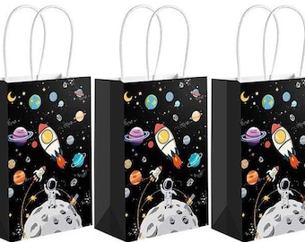 PROLOSO 24 Pack Outer Space Party Favor Bags with Stickers Clips Rope Planet Galaxy Treat Bags Candy Goody Bags Gift Bags Solar System Theme Party Supplies