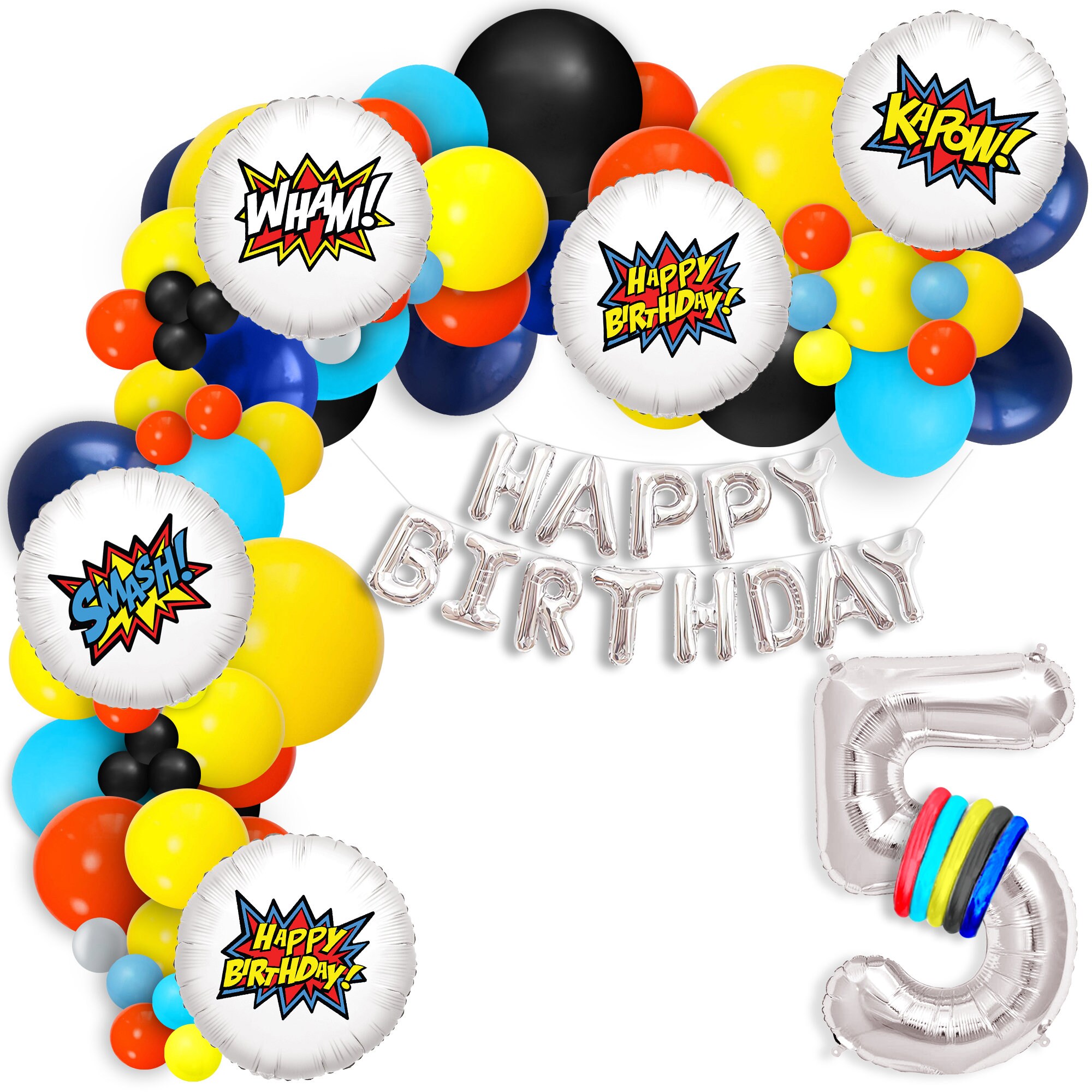  Kit de arco de guirnalda de globos de fiesta, decoraciones de  fiesta de cumpleaños, pancarta de fondo de fotografía y globos de aluminio  para decoración de temática de superhéroes, suministros de 