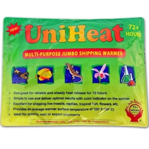 May include: Green and yellow UniHeat multi-purpose jumbo shipping warmer with a 72+ hours heat duration. The warmer is designed for shipping live insects, reptiles, tropical fish, flowers, and other items. It provides an average warmer surface temperature of 100° F (38° C).