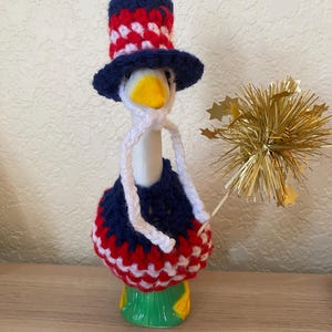 Crocheted Patriotic Desk Goose Outfit | Red White Blue 4th July Hat & Dress image 1