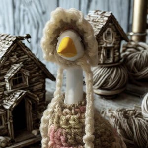 Op de afbeelding: Een grillige flesstopper met een ganzenontwerp, compleet met een gehaakte muts en jurk in crème, roze en bruin. De gans heeft een gele snavel. Decoratieve miniatuur houten huisjes en bollen garen staan op de achtergrond.