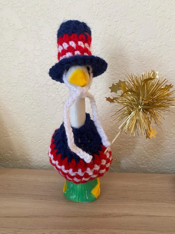 Crocheted Patriotic Desk Goose Outfit | Red White Blue 4th July Hat & Dress