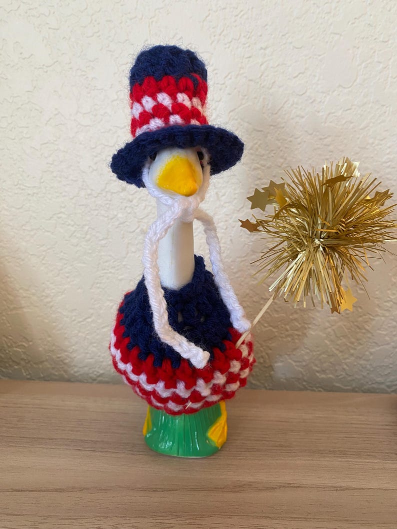 Crocheted Patriotic Desk Goose Outfit | Red White Blue 4th July Hat & Dress image 1