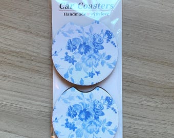 Blue Floral Car Coasters: Absorbent Handmade Vehicle Cup Holder Inserts