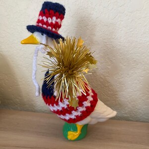 Crocheted Patriotic Desk Goose Outfit | Red White Blue 4th July Hat & Dress image 5