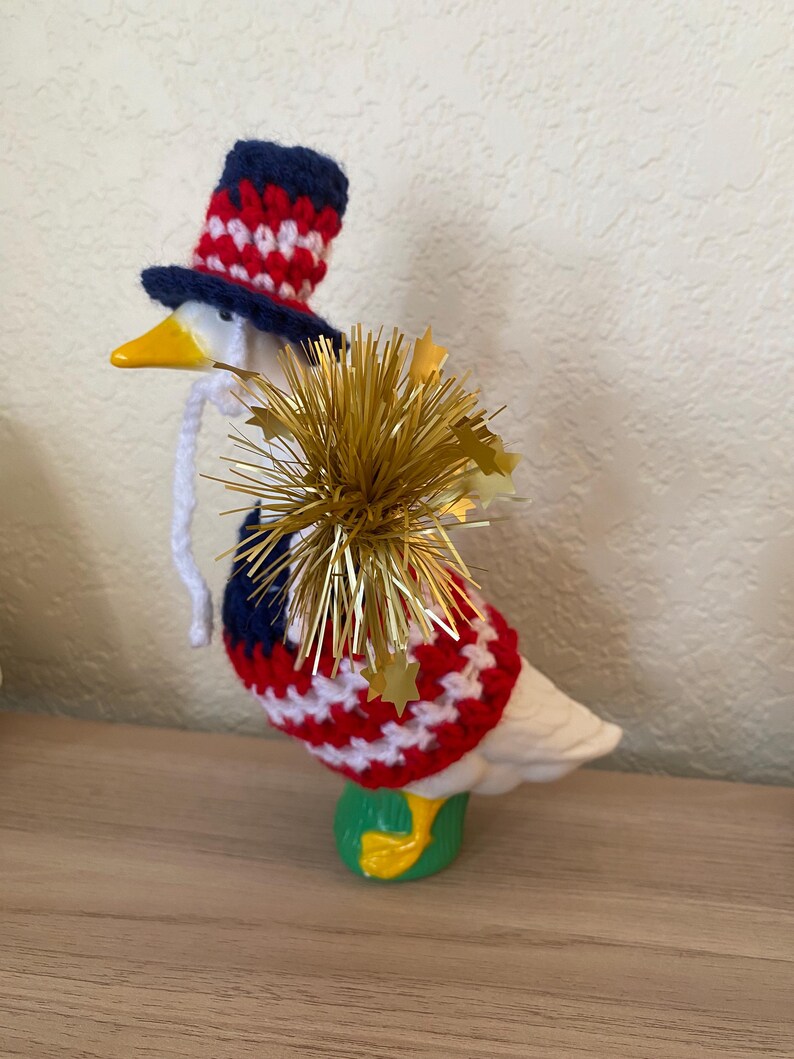 Crocheted Patriotic Desk Goose Outfit | Red White Blue 4th July Hat & Dress image 5