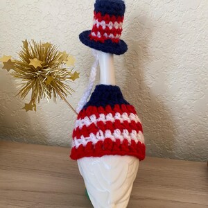 Crocheted Patriotic Desk Goose Outfit | Red White Blue 4th July Hat & Dress image 3