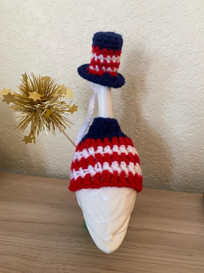 Crocheted Patriotic Desk Goose Outfit | Red White Blue 4th July Hat & Dress image 3