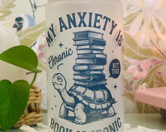 Frosted Glass Can Cup | Turtle Bookshelf Quote, Iced Coffee Lover Gift