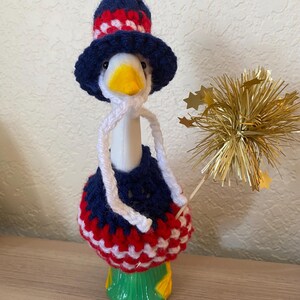 Crocheted Patriotic Desk Goose Outfit | Red White Blue 4th July Hat & Dress image 2