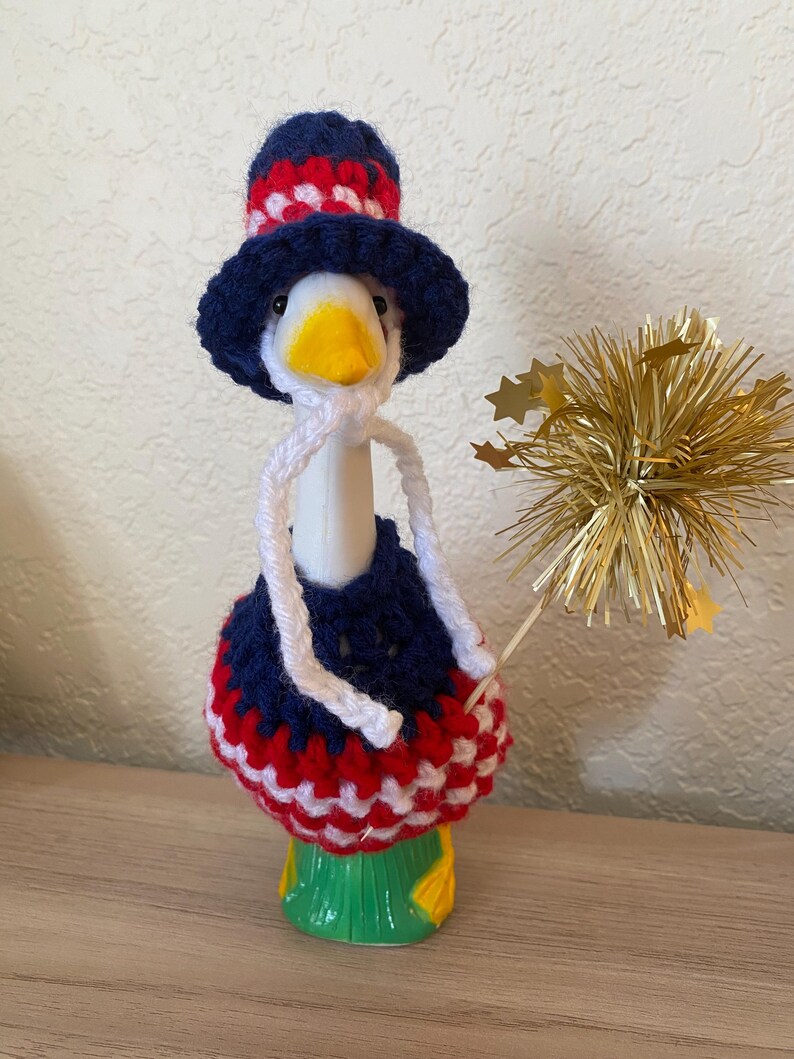 Crocheted Patriotic Desk Goose Outfit | Red White Blue 4th July Hat & Dress image 2