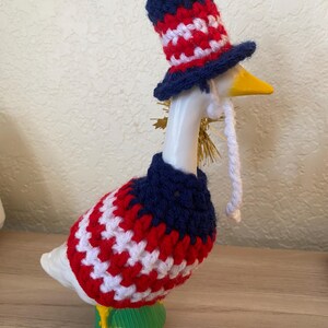 Crocheted Patriotic Desk Goose Outfit | Red White Blue 4th July Hat & Dress image 4