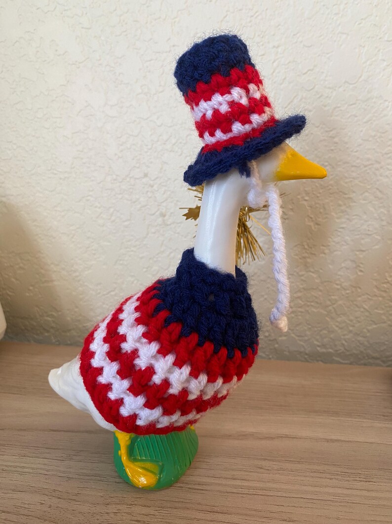 Crocheted Patriotic Desk Goose Outfit | Red White Blue 4th July Hat & Dress image 4