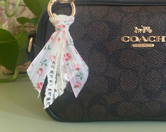 Floral Lace Bag Charm, Cottagecore Purse Accessory, Pink Ribbon Keychain