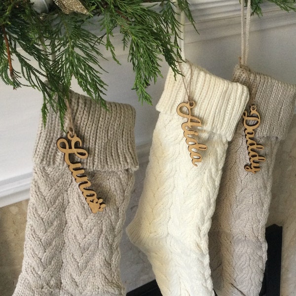 Christmas Stocking with Oak Wooden Name, Personalised Woolen Christmas Stocking, Hanging Name, Christmas Tree, Hanging Decoration, Gift tag