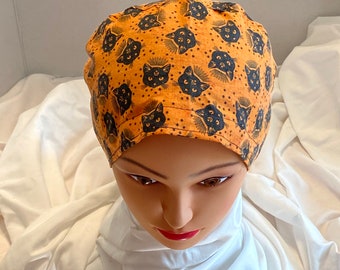 Ponytail Scrub Cap- Black Spooky Cats