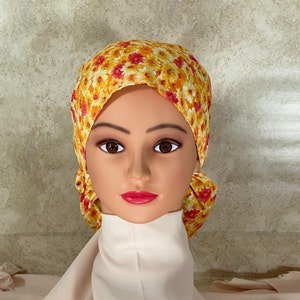 Floral Cotton Ponytail Scrub Cap with Ribbon