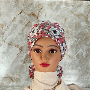 Floral Cotton Ponytail Scrub Cap with Ribbon